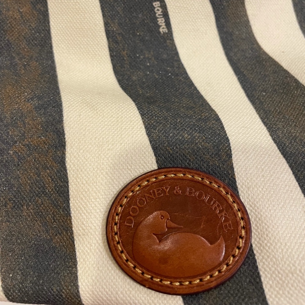 Dooney & Bourke Cream and Black Striped Canvas Tote with Brown Leather Trim - Picture 3 of 10